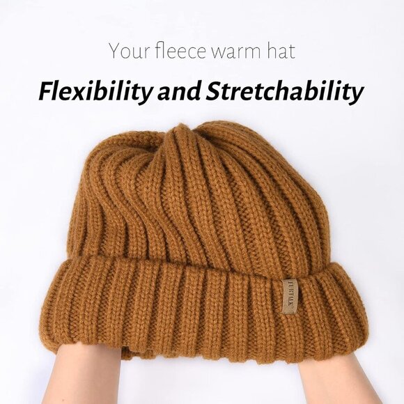 Women’s Brown Winter Fleece-Lined Chunky Knit Beanie Snow Hat Cap main image 4